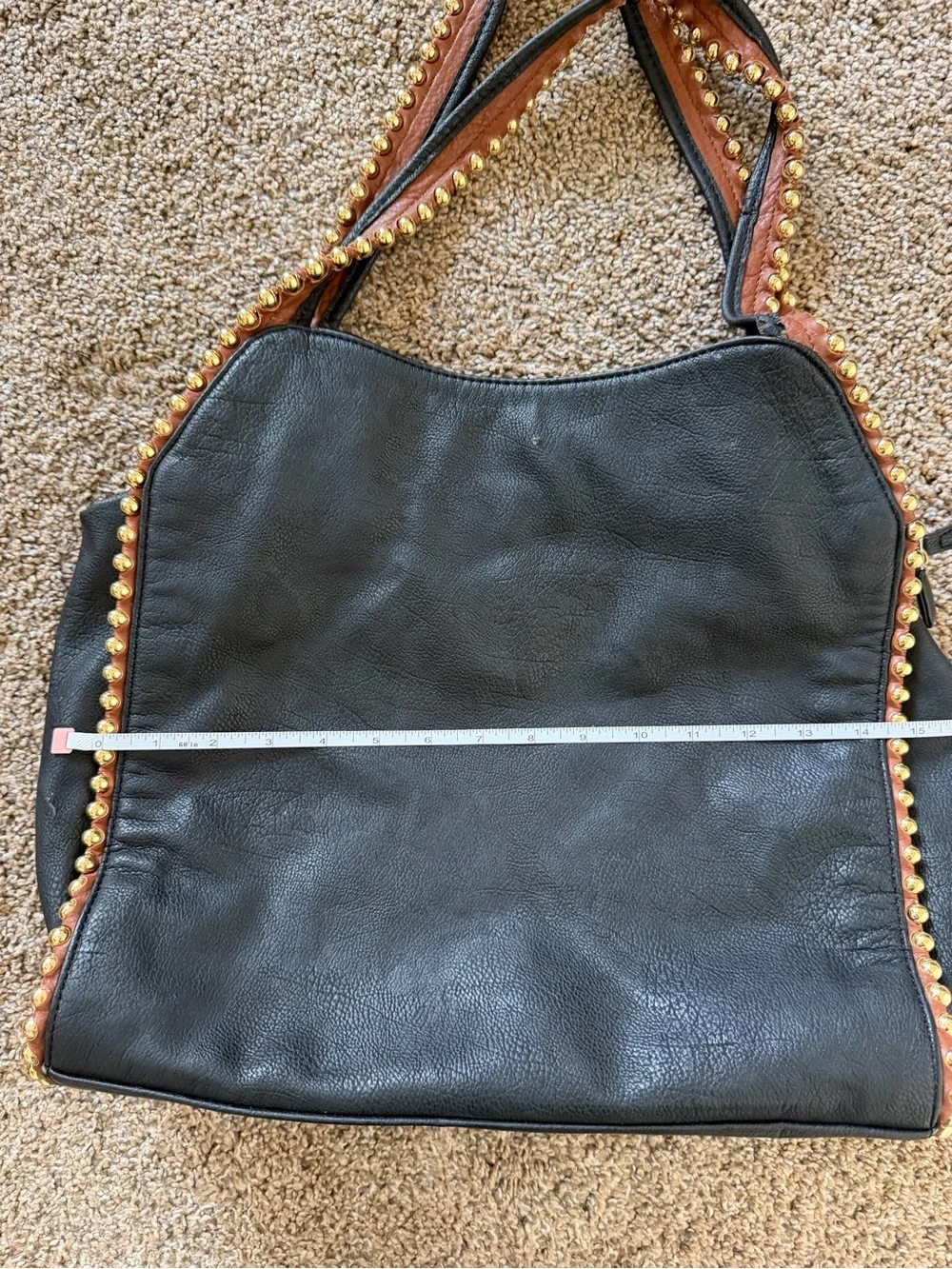 BIG BUDDHA Black Large Hobo Shoulder Bag with Cognac Brown Gold Bead Trim
